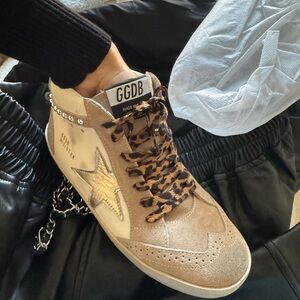 Beige and Leopard High-Top Sneakers